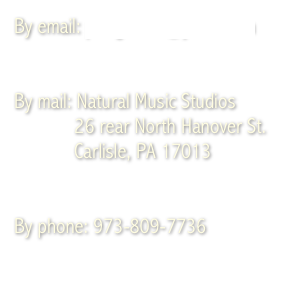 By email: pwegmann@ymail.com


By mail: Natural Music Studios
            26 rear North Hanover St.
            Carlisle, PA 17013


By phone: 973-809-7736